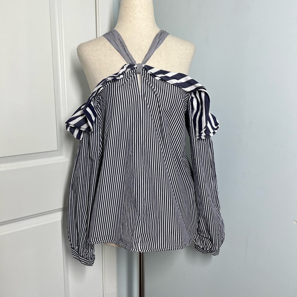 J. Crew Ruffles Off Shoulder Tie Neck blue stripes Top size 2 - Picture 3 of 8